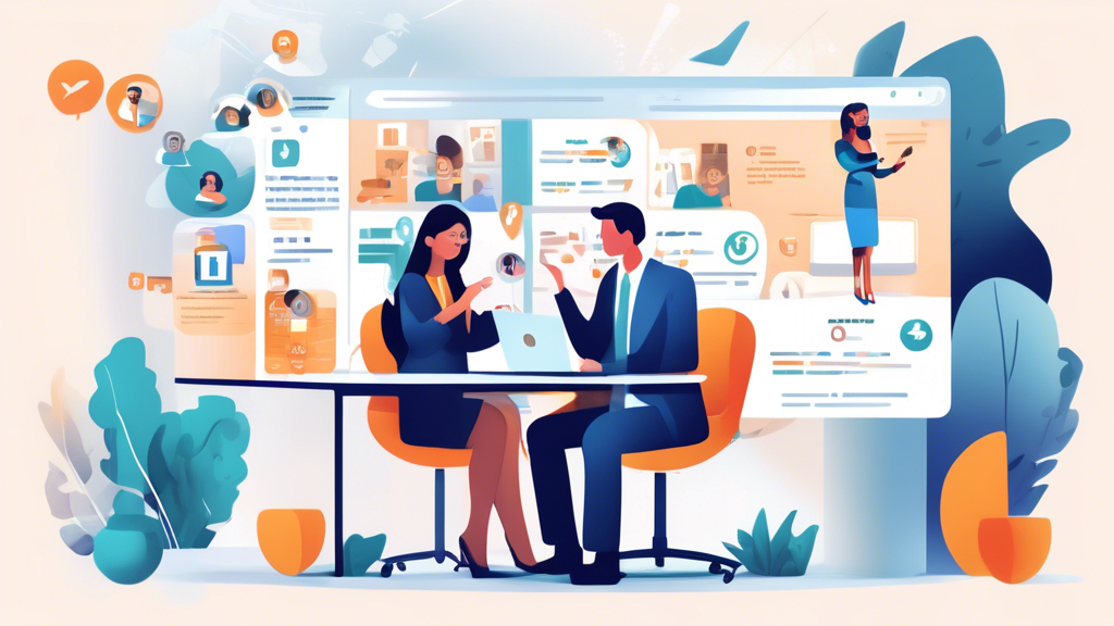 Create an illustration of a real estate agent and client having a virtual meeting via video call, discussing property details, floor plans, and marketing strategies. Surround them with icons represent