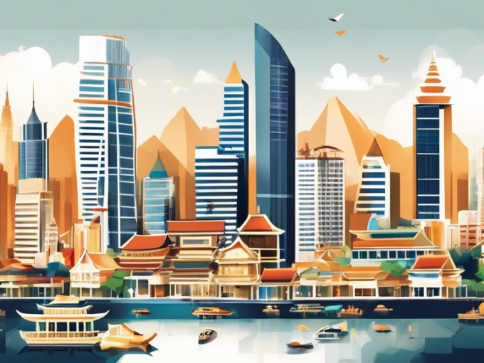 Create an illustration of a sophisticated cityscape representing the Thailand property market. The scene should include modern skyscrapers, traditional Thai architecture, luxurious condominiums, and b