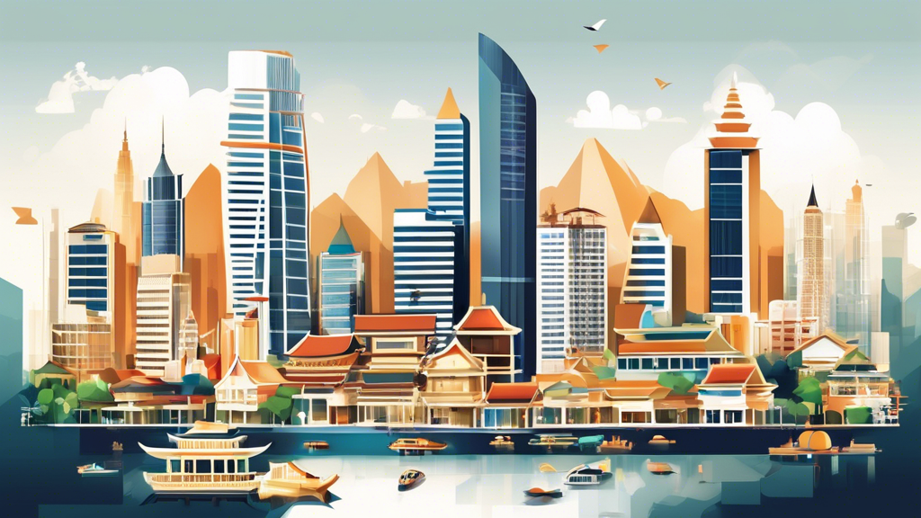 Create an illustration of a sophisticated cityscape representing the Thailand property market. The scene should include modern skyscrapers, traditional Thai architecture, luxurious condominiums, and b