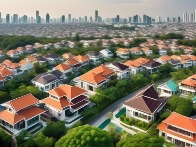 An aerial view of modern single-detached houses spreading across a serene suburban area beyond Bangkok, with a mix of traditional and contemporary architectural styles, lush greenery, and winding road