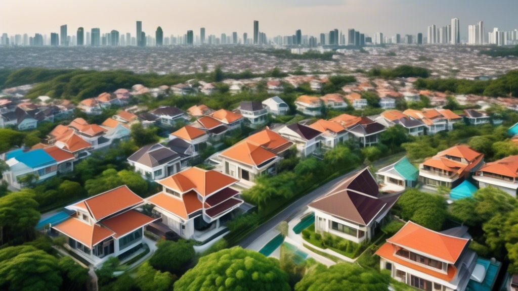 An aerial view of modern single-detached houses spreading across a serene suburban area beyond Bangkok, with a mix of traditional and contemporary architectural styles, lush greenery, and winding road