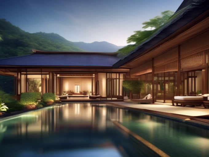 Create a stunning image of a luxurious retreat in Asia, nestled amidst a serene natural landscape. Include elements such as lavish villas with infinity pools overlooking the ocean or lush green mounta