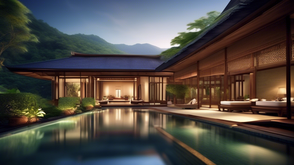 Create a stunning image of a luxurious retreat in Asia, nestled amidst a serene natural landscape. Include elements such as lavish villas with infinity pools overlooking the ocean or lush green mounta