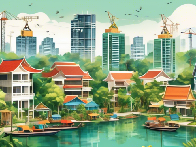 Create an image capturing the diverse landscape of Thailand's real estate market in Q1 2024, showing a contrast between modern high-rise condominiums and traditional Thai homes, with vibrant cityscape