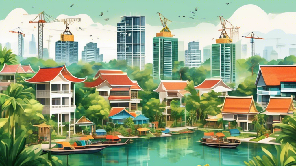 Create an image capturing the diverse landscape of Thailand's real estate market in Q1 2024, showing a contrast between modern high-rise condominiums and traditional Thai homes, with vibrant cityscape