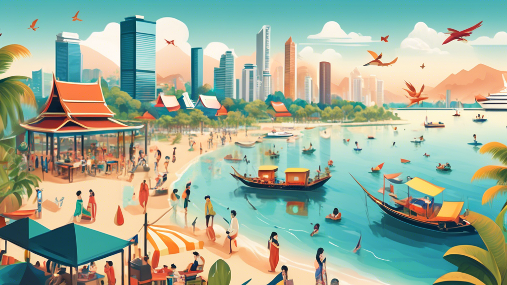 An illustration showcasing Thailand's vibrant cities and tranquil beaches, highlighting a diverse community of happy long-term foreign residents enjoying various activities like working on laptops in