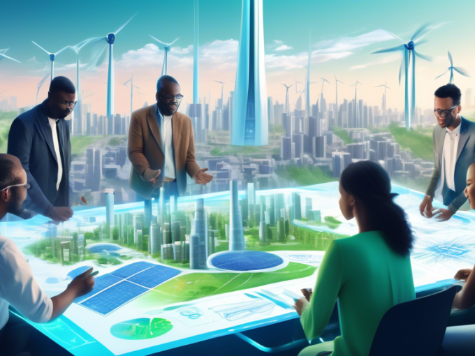 Create an image depicting a group of diverse individuals collaborating on a futuristic, eco-friendly city blueprint. They are gathered around a large digital table with holographic displays showing wi