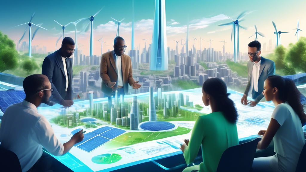 Create an image depicting a group of diverse individuals collaborating on a futuristic, eco-friendly city blueprint. They are gathered around a large digital table with holographic displays showing wi