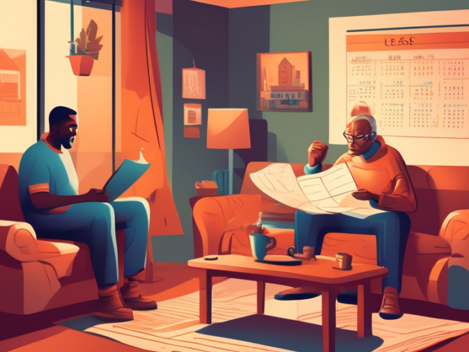 Create an image depicting a thoughtful landlord and a tenant having a discussion in a cozy living room about terminating a lease early. The landlord is holding a legal document, and the tenant looks h