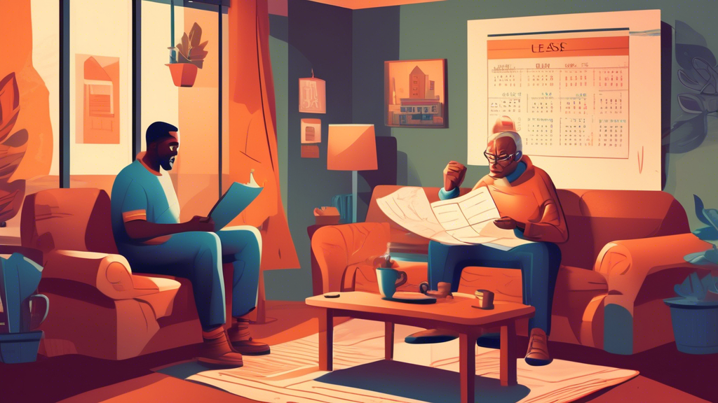 Create an image depicting a thoughtful landlord and a tenant having a discussion in a cozy living room about terminating a lease early. The landlord is holding a legal document, and the tenant looks h