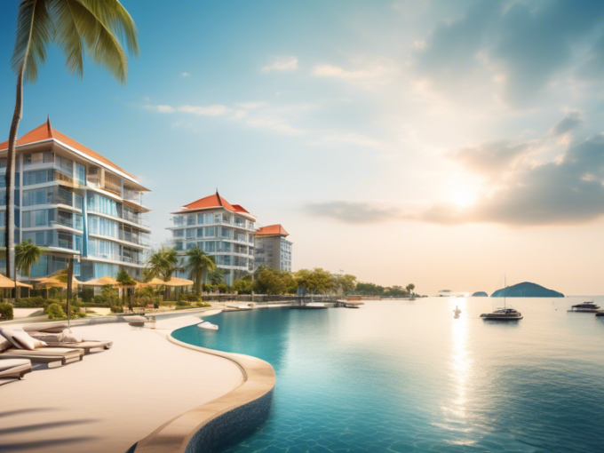 A sunlit Pattaya beachfront showcasing luxurious modern condos and elegant villas, with people enjoying activities like swimming, boating, and sunbathing.