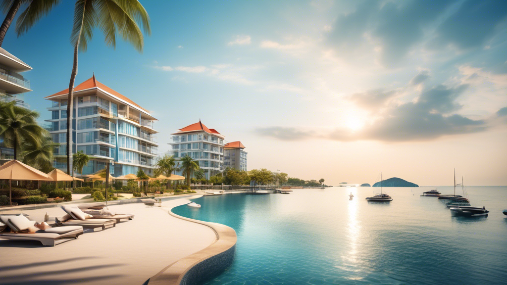 A sunlit Pattaya beachfront showcasing luxurious modern condos and elegant villas, with people enjoying activities like swimming, boating, and sunbathing.