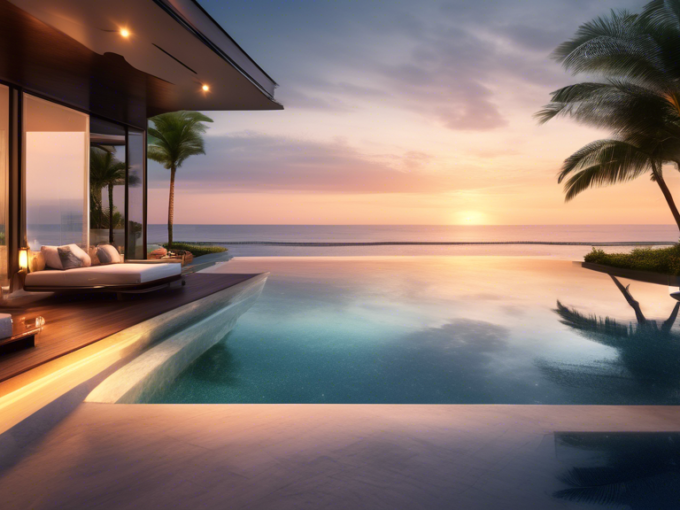 Create an image of a luxurious modern beachfront villa in Pattaya, Thailand, surrounded by tropical palms with a stunning ocean view. The villa should feat