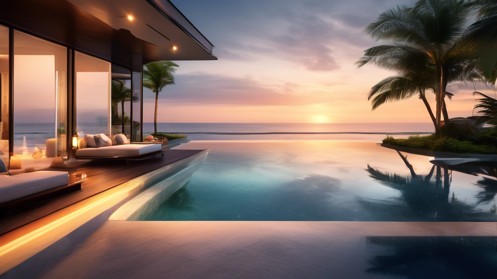 Create an image of a luxurious modern beachfront villa in Pattaya, Thailand, surrounded by tropical palms with a stunning ocean view. The villa should feat