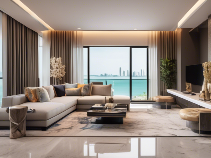 Create an image of a sleek, modern high-rise condo building in Pattaya with luxurious interiors. Show a panoramic view from a balcony overlooking Pattaya b