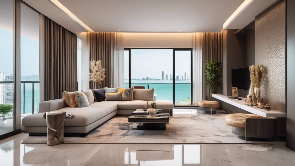 Create an image of a sleek, modern high-rise condo building in Pattaya with luxurious interiors. Show a panoramic view from a balcony overlooking Pattaya b