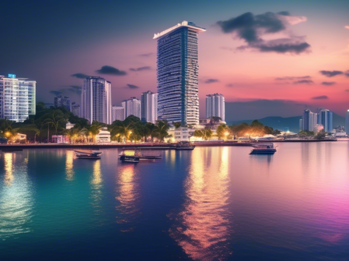 Create an image showcasing the vibrant skyline of Pattaya, Thailand, with modern high-rise buildings and luxury apartments. Include a scenic beachfront wit