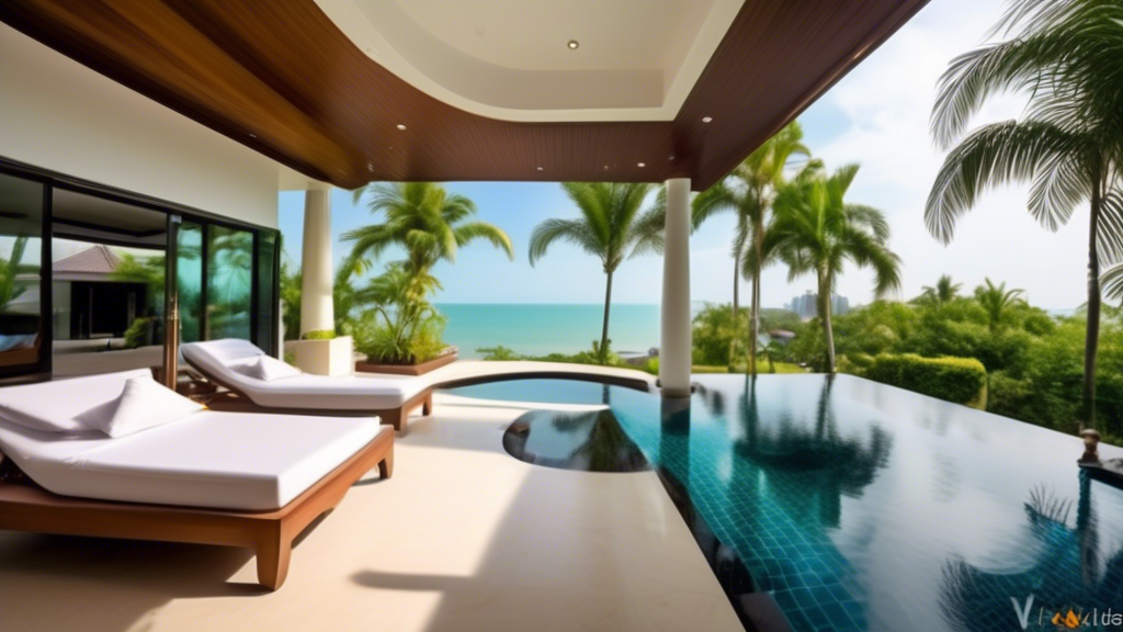 A stunningly luxurious villa in Pattaya featuring a private infinity pool overlooking the ocean, lush tropical gardens, modern and elegant interiors with h