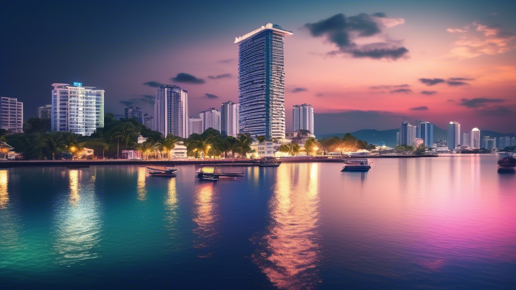 Create an image showcasing the vibrant skyline of Pattaya, Thailand, with modern high-rise buildings and luxury apartments. Include a scenic beachfront wit