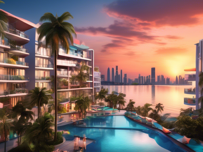 Here's a DALL-E prompt for an image related to this article:nnA vibrant, wide-angle view of a modern condominium complex in Pattaya, Thailand, with palm trees and a pool in the foreground. The background features the ocean and city skyline at sunset, capturing the essence of a tropical holiday destination.