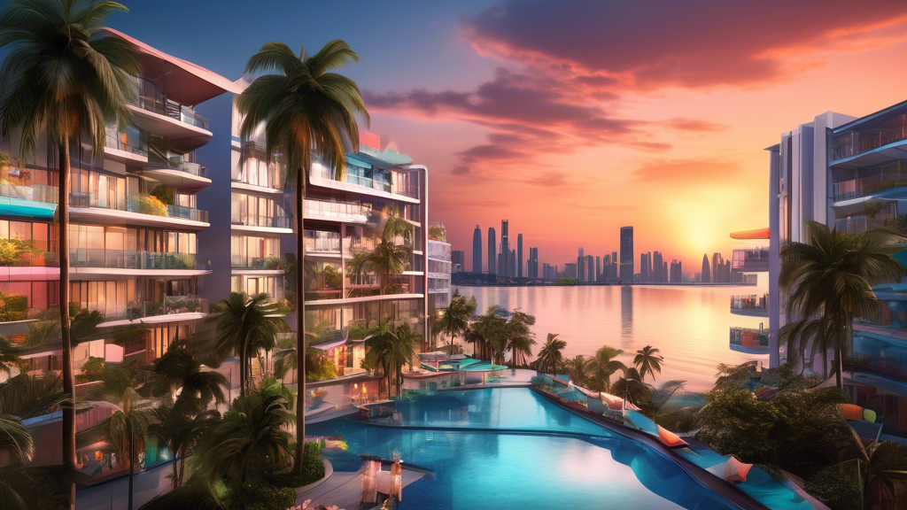 Here's a DALL-E prompt for an image related to this article:nnA vibrant, wide-angle view of a modern condominium complex in Pattaya, Thailand, with palm trees and a pool in the foreground. The background features the ocean and city skyline at sunset, capturing the essence of a tropical holiday destination.