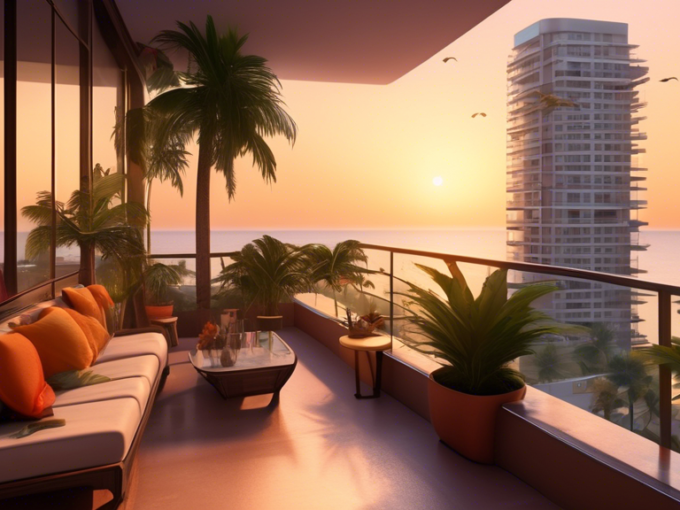 Here's a DALL-E prompt for an image related to this article:nnA vibrant, modern apartment balcony overlooking a tropical Pattaya beach at sunset, with palm trees in the foreground and high-rise buildings in the distance. The balcony features comfortable outdoor furniture and potted plants, suggesting an inviting and affordable rental property in a paradise setting.