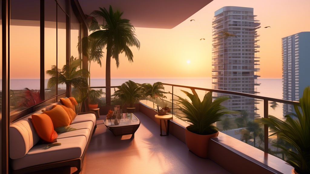 Here's a DALL-E prompt for an image related to this article:nnA vibrant, modern apartment balcony overlooking a tropical Pattaya beach at sunset, with palm trees in the foreground and high-rise buildings in the distance. The balcony features comfortable outdoor furniture and potted plants, suggesting an inviting and affordable rental property in a paradise setting.