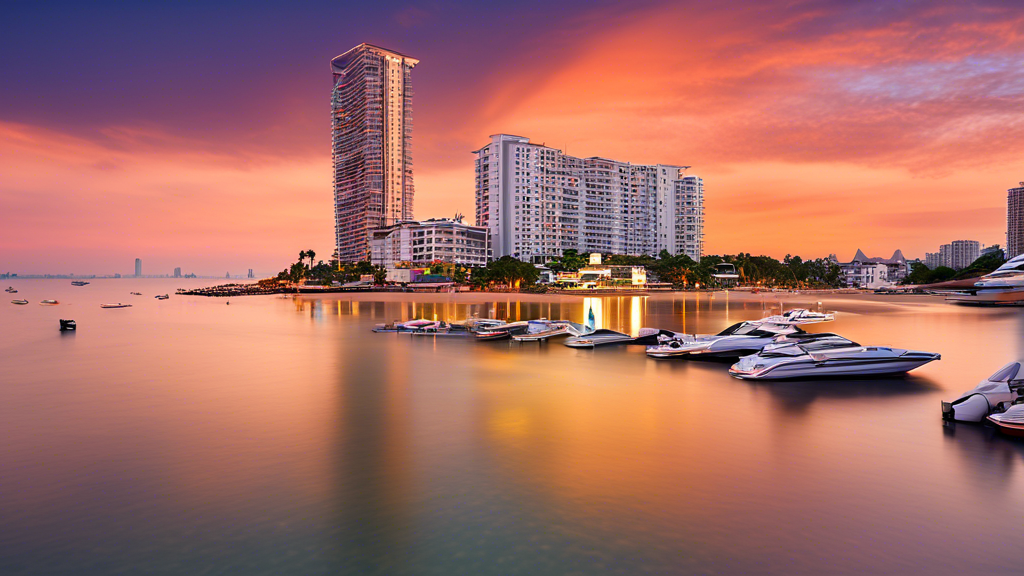 Here's a DALL-E prompt for an image related to this article:nnA stunning panoramic view of Pattaya Beach at sunset, featuring a modern high-rise luxury condominium in the foreground with floor-to-ceiling windows reflecting the orange sky. The image should showcase the beach, palm trees, and crystal-clear waters, with a few yachts visible in the distance. The overall atmosphere should exude opulence and tropical paradise.