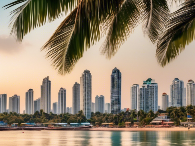 Here's a DALL-E prompt for an image related to this article:nnA panoramic view of Pattaya's skyline at sunset, featuring modern high-rise condominiums and luxurious beachfront properties along the coastline. In the foreground, a 'For Sale' sign with Thai and English text stands prominently, surrounded by tropical palm trees and flowers.