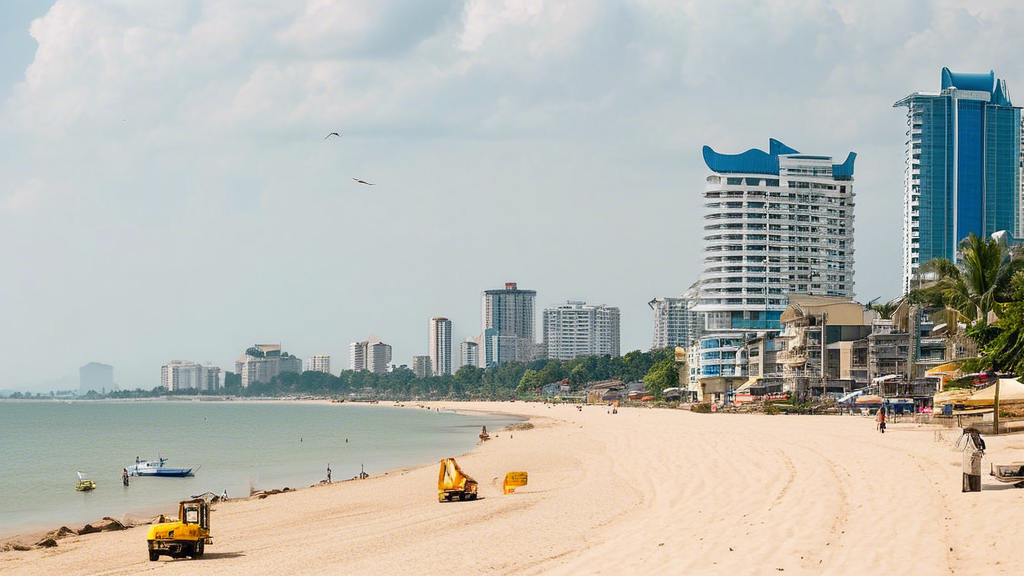 Based on the article title Exploring Pattaya's Jomtien: A Hotspot for Real Estate Investment, here's a DALL-E prompt for a relevant image:nnA panoramic view of Jomtien Beach in Pattaya, Thailand, showcasing a beautiful sandy shoreline with palm trees, modern high-rise condominiums and hotels along the coast, and a few construction cranes in the distance, symbolizing ongoing real estate development. The image should capture the blend of natural beauty and urban growth, with a vibrant blue sky and calm sea waters.