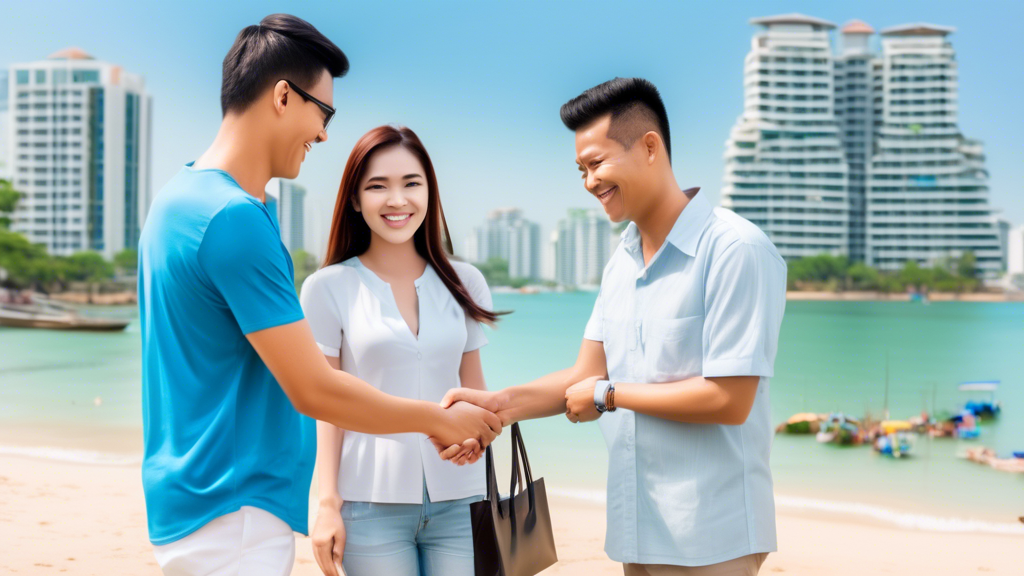 Here's a DALL-E prompt for an image related to this article:nnA vibrant seaside cityscape of Pattaya, Thailand, with modern condominiums and traditional Thai-style houses in the foreground. In the center, a smiling foreign couple shakes hands with a Thai real estate agent holding a house key and documents. Palm trees and the blue ocean are visible in the background, capturing the tropical atmosphere and real estate investment theme.