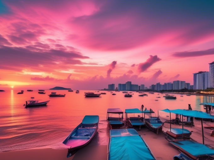 Here's a DALL-E prompt for an image related to this article:nnA panoramic view of Pattaya's coastline at sunset, featuring modern high-rise condominiums and luxury villas overlooking the turquoise waters of the Gulf of Thailand. Palm trees line the beach, and a few boats can be seen in the distance. The sky is painted in vibrant orange and pink hues, reflecting off the glass facades of the buildings.