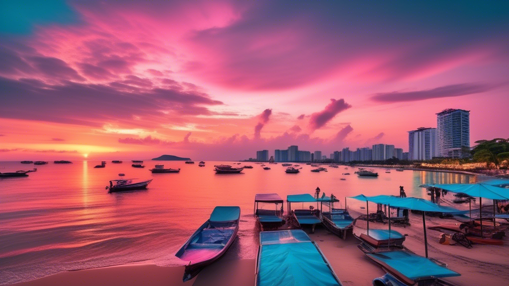 Here's a DALL-E prompt for an image related to this article:nnA panoramic view of Pattaya's coastline at sunset, featuring modern high-rise condominiums and luxury villas overlooking the turquoise waters of the Gulf of Thailand. Palm trees line the beach, and a few boats can be seen in the distance. The sky is painted in vibrant orange and pink hues, reflecting off the glass facades of the buildings.