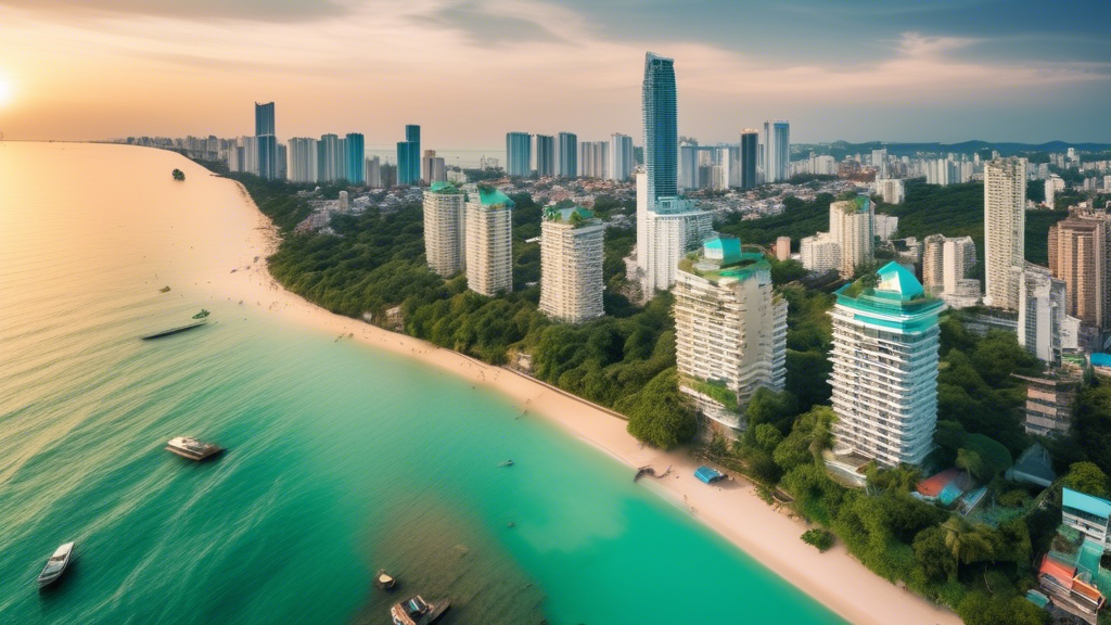 Here's a DALL-E prompt for an image related to this article:nnA vibrant, panoramic view of Pattaya's coastline at sunset, featuring golden sandy beaches, crystal-clear turquoise waters, and modern beachfront condominiums. In the foreground, a 'Land for Sale' sign stands prominently, surrounded by lush tropical plants and palm trees, symbolizing the opportunity for paradise living.