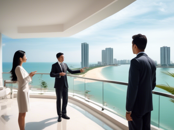 Here's a DALL-E prompt for an image related to this article:nnA professional real estate agent in a suit showing a modern beachfront condo to a couple in Pattaya, Thailand. The agent is pointing out the view from a balcony overlooking the ocean and cityscape. Palm trees and high-rise buildings are visible in the background under a sunny sky.