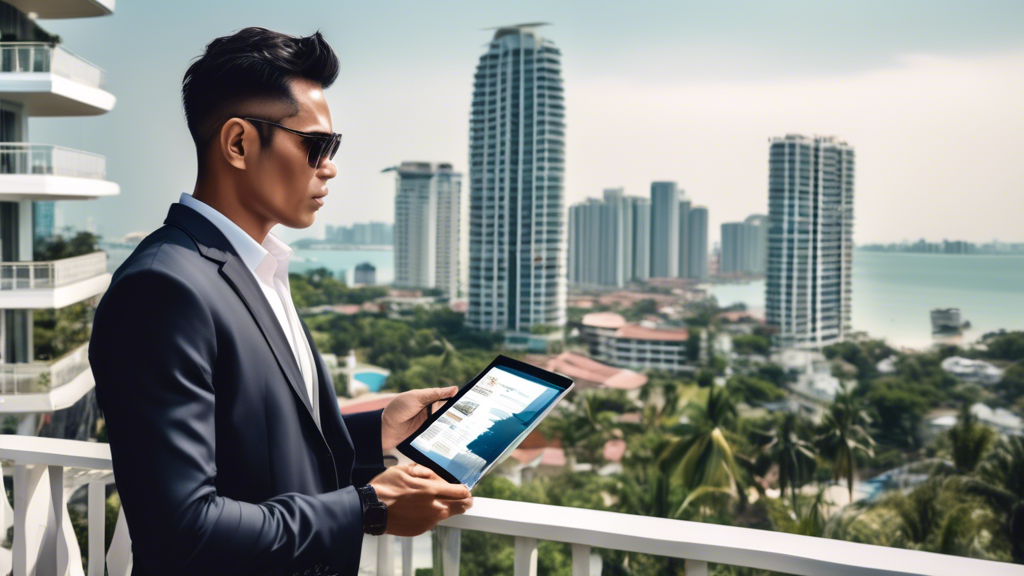 Here's a DALL-E prompt for an image related to this article:nnA professional real estate agent in a suit standing on a balcony overlooking the Pattaya skyline and beach, holding a tablet displaying property listings, with luxury condos and palm trees visible in the background.