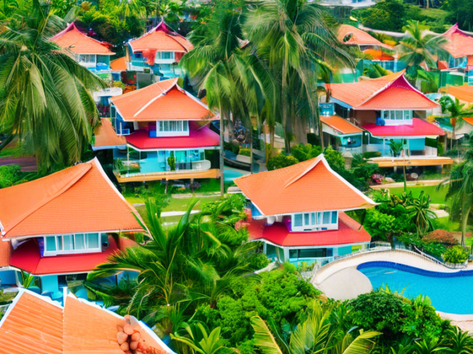 Here's a DALL-E prompt for an image related to this article:nnA colorful, tropical scene of modern, affordable houses for rent in Pattaya, Thailand. Palm trees and lush greenery surround small, bright bungalows with tiled roofs. A swimming pool is visible in the foreground, and the ocean can be seen in the distance. The image should convey a sense of relaxed, budget-friendly tropical living.