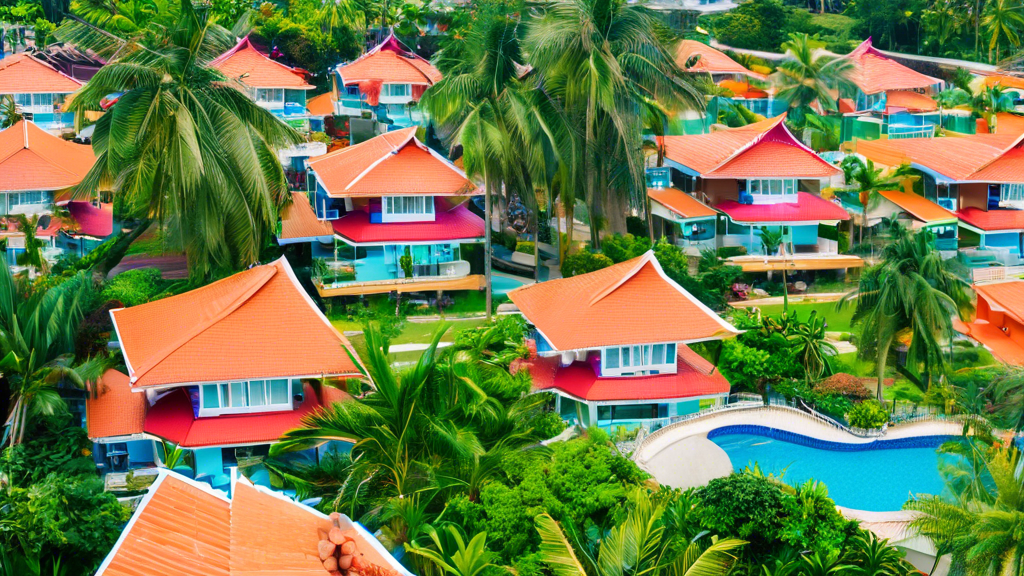 Here's a DALL-E prompt for an image related to this article:nnA colorful, tropical scene of modern, affordable houses for rent in Pattaya, Thailand. Palm trees and lush greenery surround small, bright bungalows with tiled roofs. A swimming pool is visible in the foreground, and the ocean can be seen in the distance. The image should convey a sense of relaxed, budget-friendly tropical living.