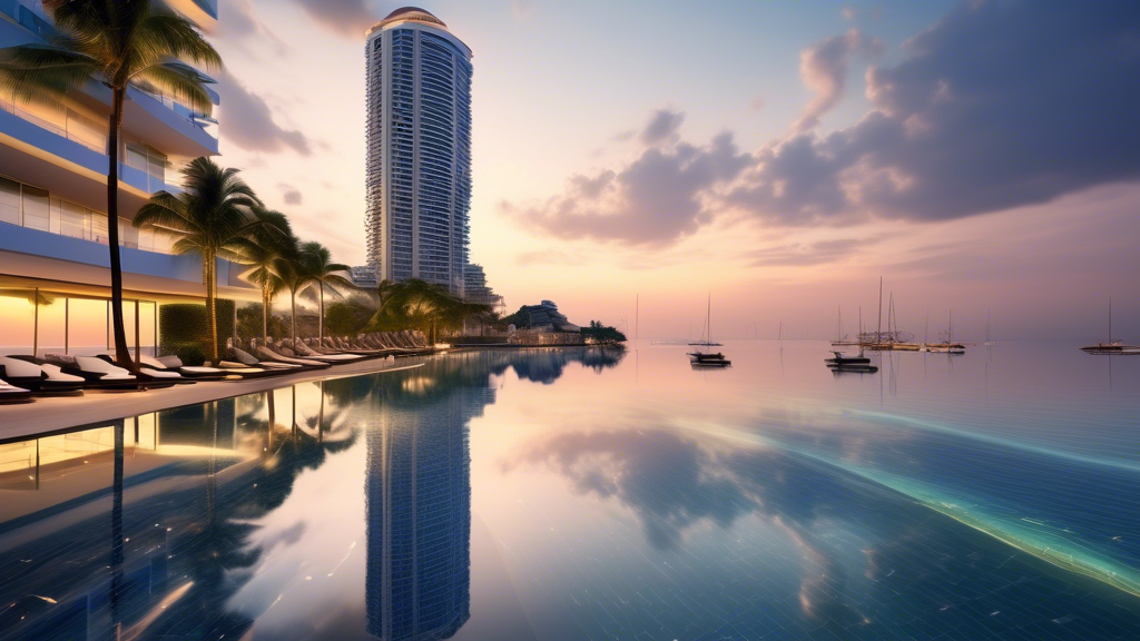 Here's a DALL-E prompt for an image related to this article:nnA stunning panoramic view of Pattaya's coastline at sunset, featuring a modern luxury high-rise condominium in the foreground with floor-to-ceiling windows, a lavish infinity pool on the balcony, and palm trees swaying in the breeze. The ocean sparkles with golden reflections, and distant boats can be seen on the horizon.