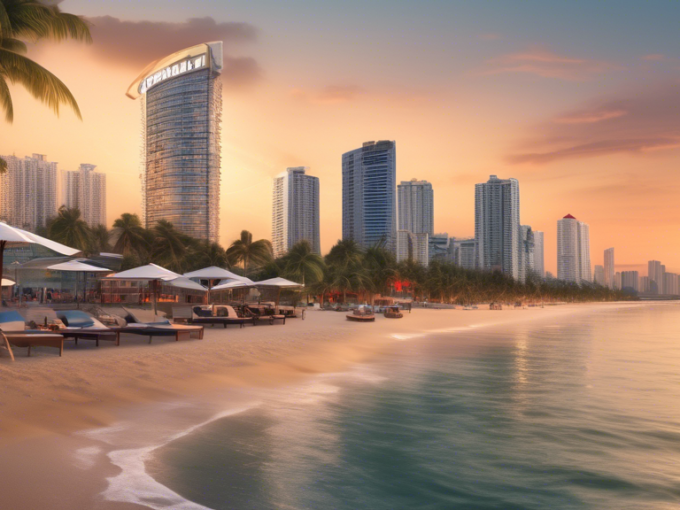 Here's a DALL-E prompt for an image related to this article:nnA panoramic view of Pattaya's beachfront skyline at sunset, with modern high-rise condominiums and luxury villas lining the shore. Palm trees in the foreground and a 'For Sale' sign prominently displayed, suggesting prime real estate opportunities.